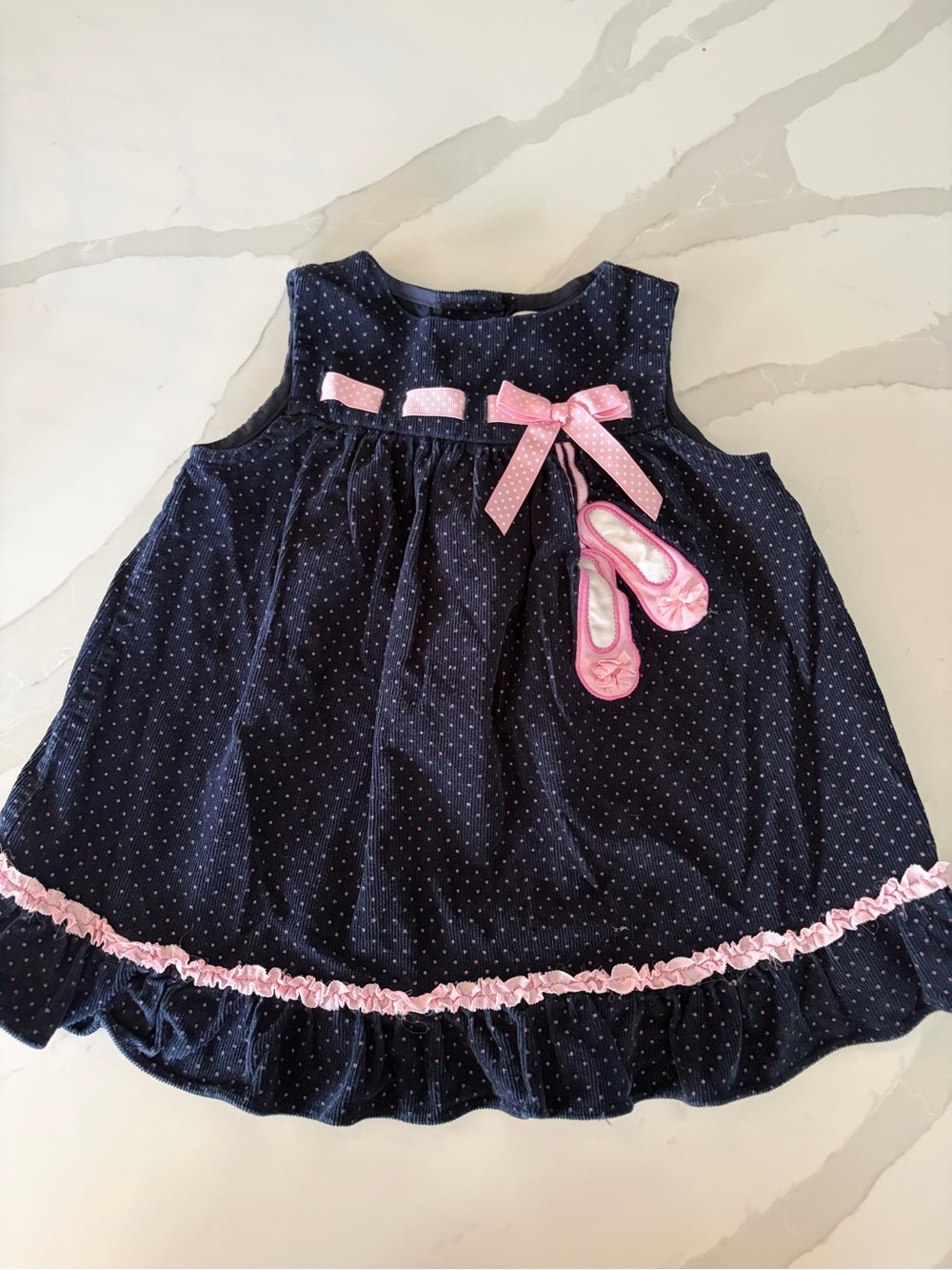 Rare Editions y2k Girls Navy Polka Dot Corduroy Ballet Shoes Jumper Dress 24M